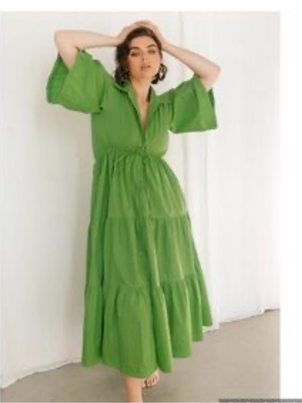 100% Cotton BAIIA Green Tiered Maxi Dress with Flutter Sleeves & Drawstring